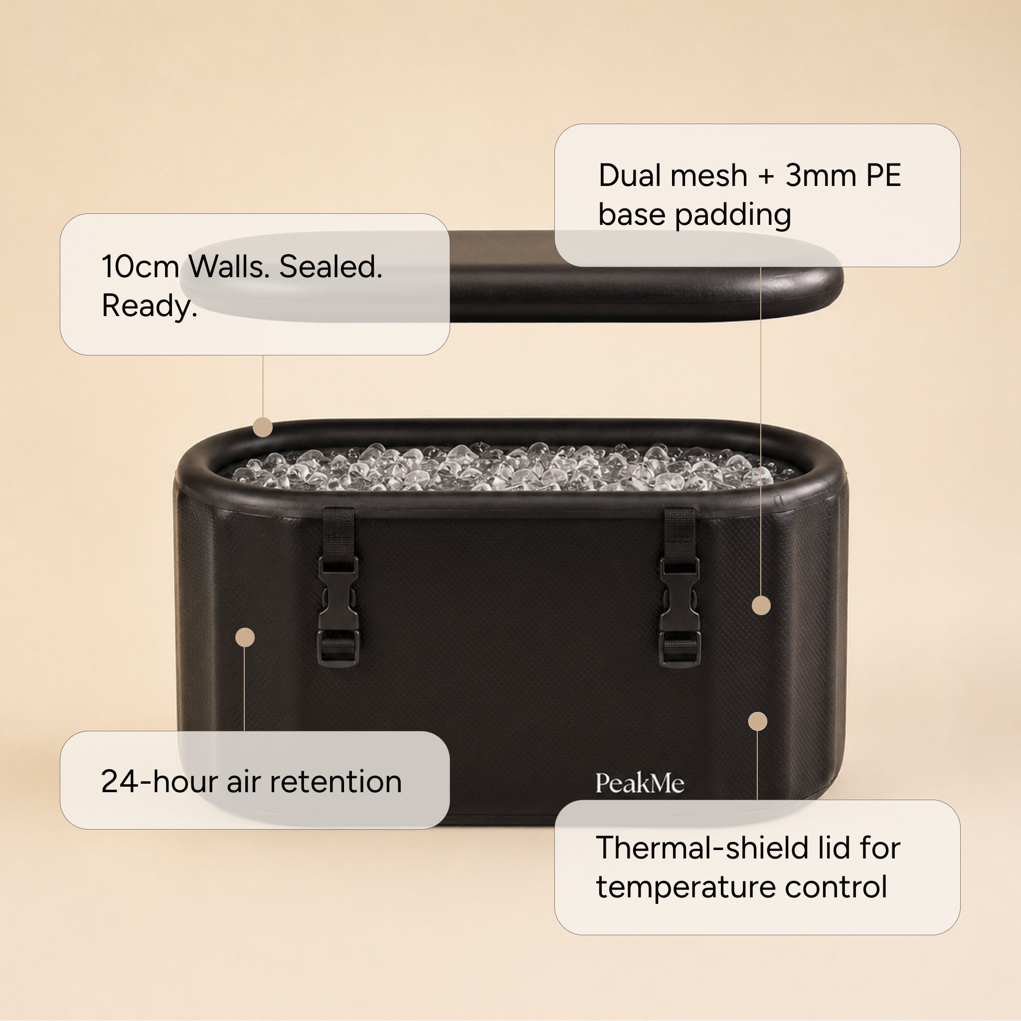 Flow Ice Bath - Premium Cold Plunge Tub. 10cm Insulated Walls. Chiller-Compatible. by PeakMe, SKU PK-ICE-005