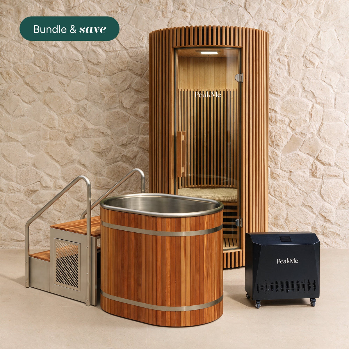 The Contrast Bundle | Glacier Ice Bath + Pro Chiller + Helios Sauna by PeakMe, SKU PK-BDL-0007